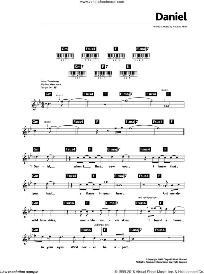Daniel sheet music for piano solo (chords, lyrics, melody) by Bat For Lashes and Natasha Khan, intermediate piano (chords, lyrics, melody)