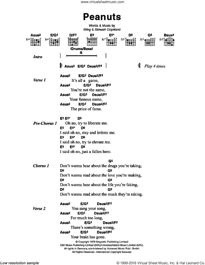 Peanuts sheet music for guitar (chords) by The Police, Stewart Copeland and Sting, intermediate skill level