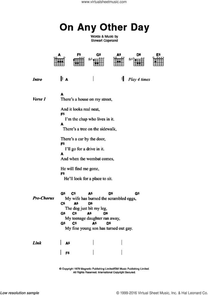On Any Other Day sheet music for guitar (chords) by The Police and Stewart Copeland, intermediate skill level