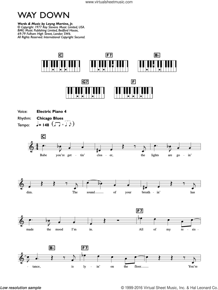 Way Down sheet music for piano solo (chords, lyrics, melody) by Elvis Presley and Layng Martine, intermediate piano (chords, lyrics, melody)