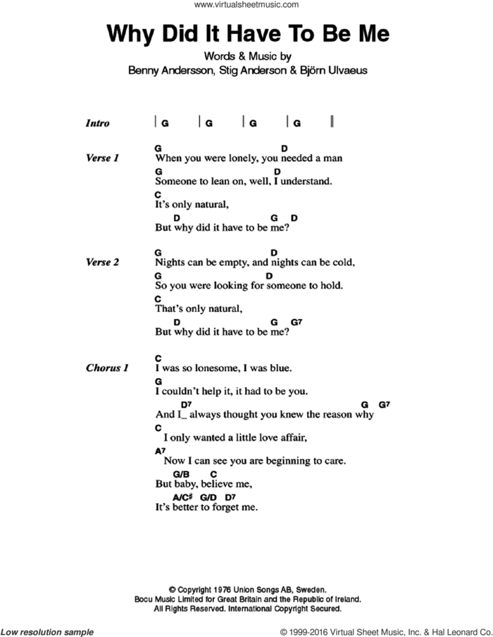 Why Did It Have To Be Me sheet music for guitar (chords) by ABBA, Benny Andersson, Bjorn Ulvaeus and Stig Anderson, intermediate skill level