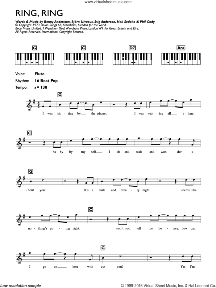 Ring, Ring sheet music for piano solo (chords, lyrics, melody) by ABBA, Benny Andersson, Bjorn Ulvaeus, Neil Sedaka, Philip Cody and Stig Anderson, intermediate piano (chords, lyrics, melody)