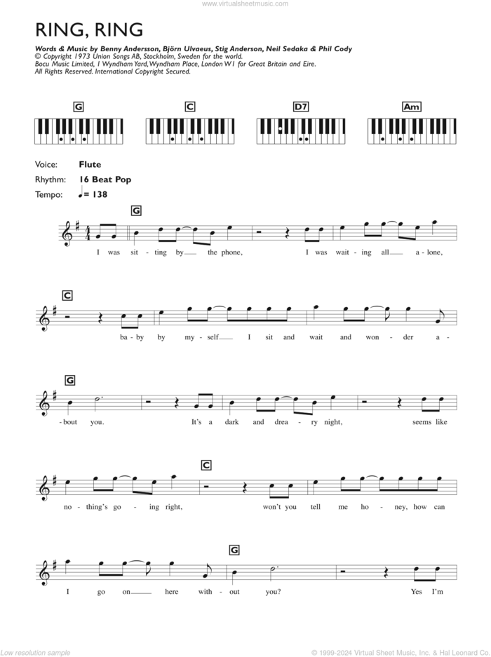 Ring, Ring sheet music for piano solo (chords, lyrics, melody) by ABBA, Benny Andersson, Bjorn Ulvaeus, Neil Sedaka, Philip Cody and Stig Anderson, intermediate piano (chords, lyrics, melody)