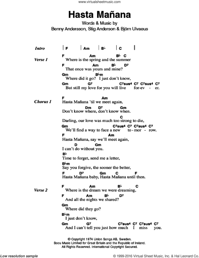 Hasta Manana sheet music for guitar (chords) by ABBA, Benny Andersson, Bjorn Ulvaeus and Stig Anderson, intermediate skill level
