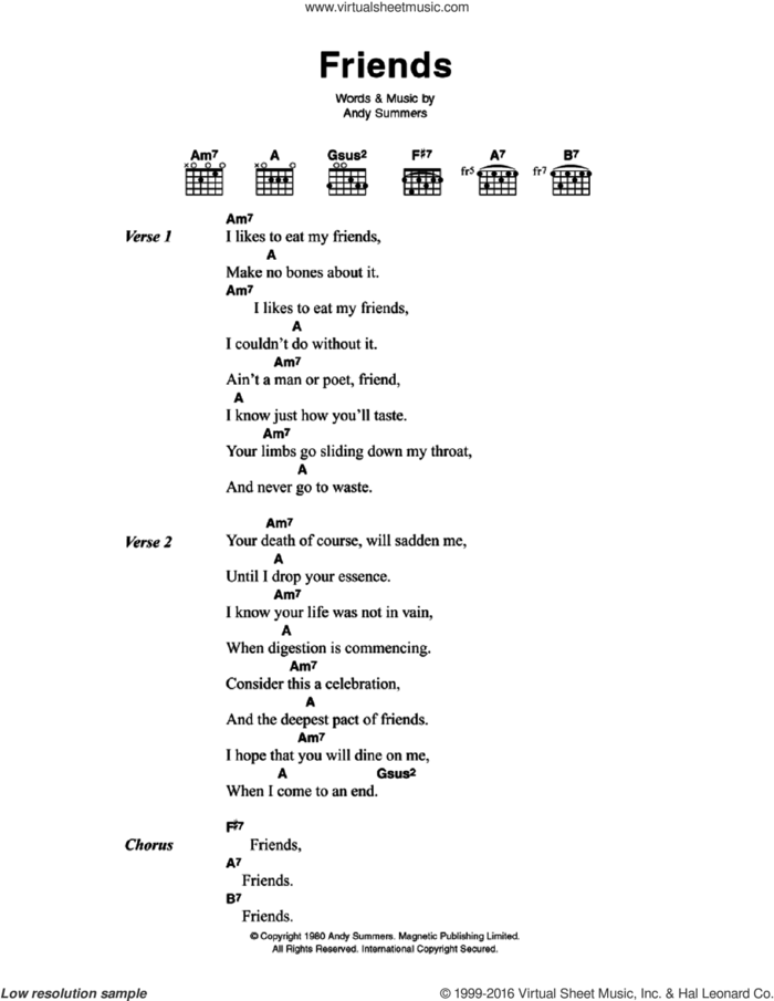 Friends sheet music for guitar (chords) by The Police and Andy Summers, intermediate skill level