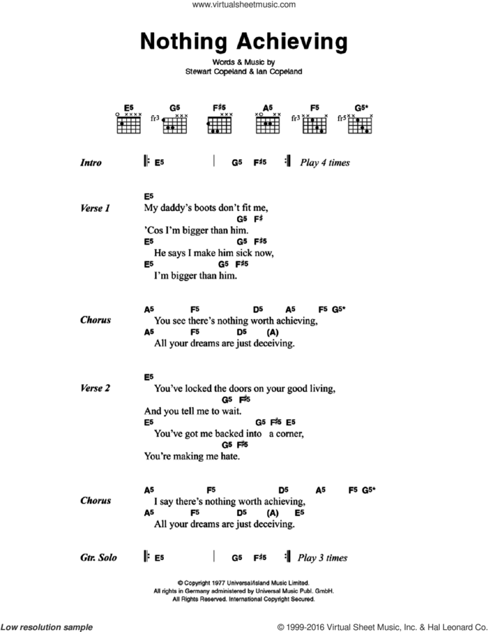 Nothing Achieving sheet music for guitar (chords) by The Police, Ian Copeland and Stewart Copeland, intermediate skill level