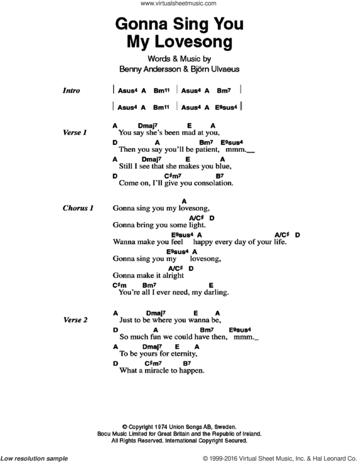 Gonna Sing You My Lovesong sheet music for guitar (chords) by ABBA, Benny Andersson and Bjorn Ulvaeus, intermediate skill level