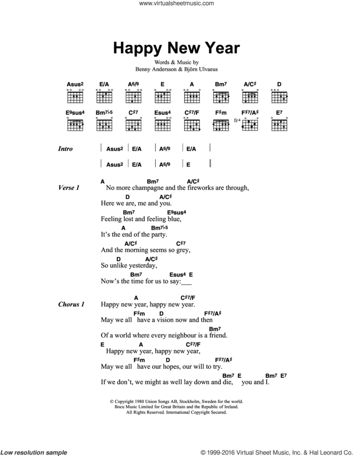Happy New Year sheet music for guitar (chords) by ABBA, Benny Andersson and Bjorn Ulvaeus, intermediate skill level
