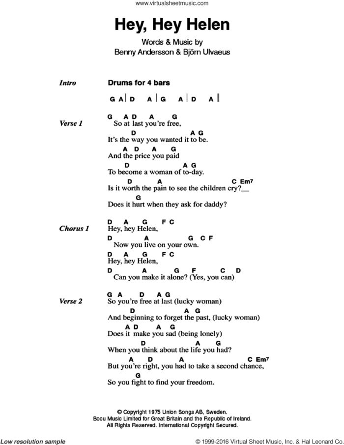 Hey, Hey Helen sheet music for guitar (chords) by ABBA, Benny Andersson and Bjorn Ulvaeus, intermediate skill level