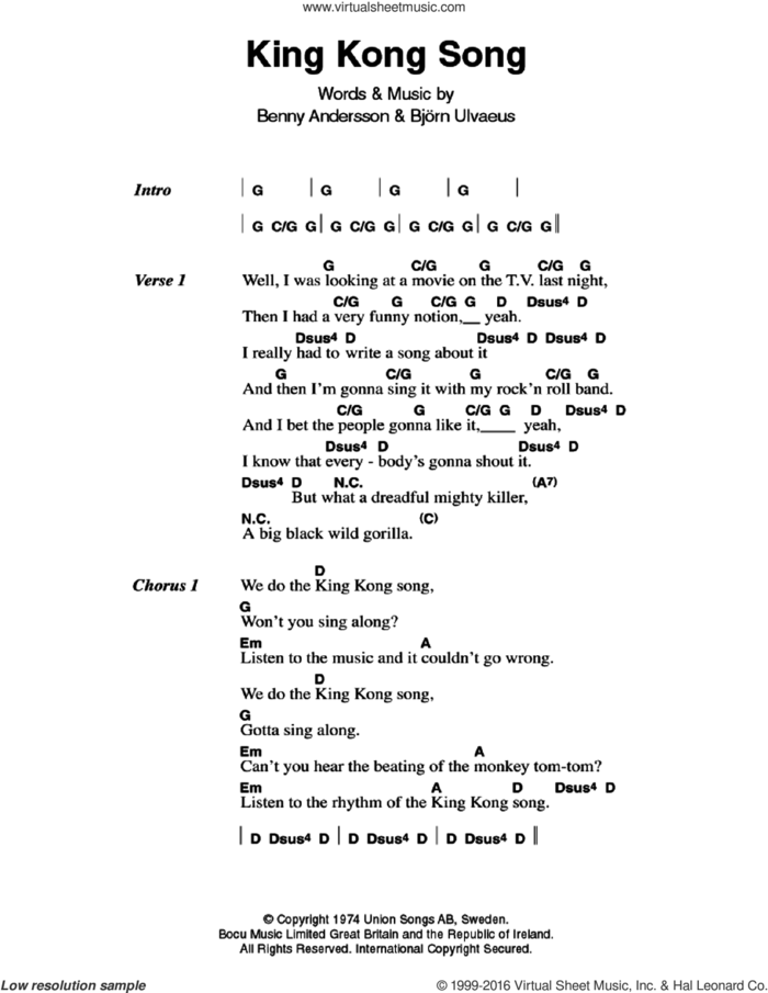King Kong Song sheet music for guitar (chords) by ABBA, Benny Andersson and Bjorn Ulvaeus, intermediate skill level
