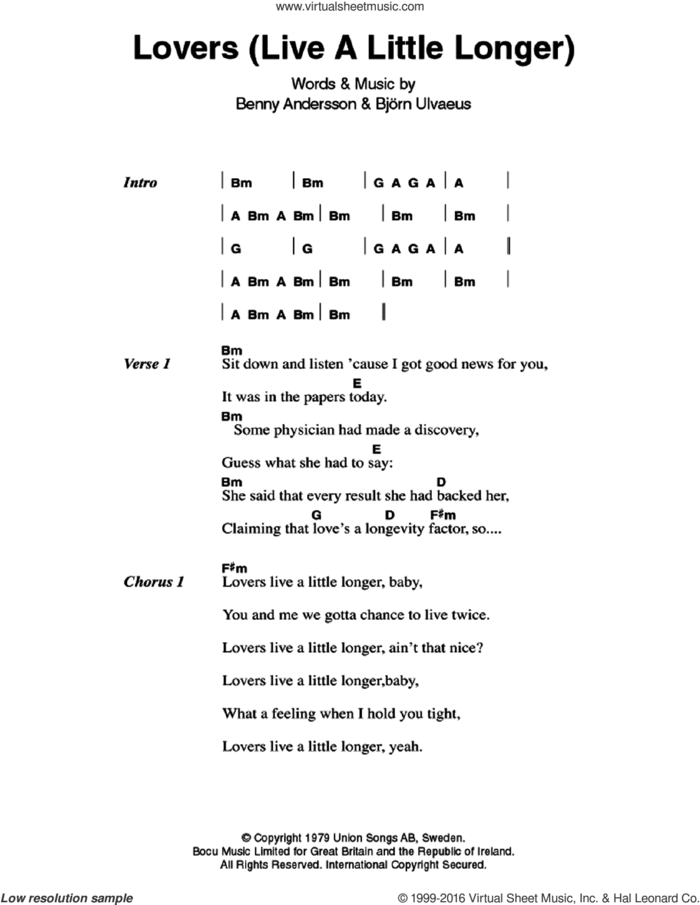 Lovers (Live A Little Longer) sheet music for guitar (chords) by ABBA, Benny Andersson and Bjorn Ulvaeus, intermediate skill level