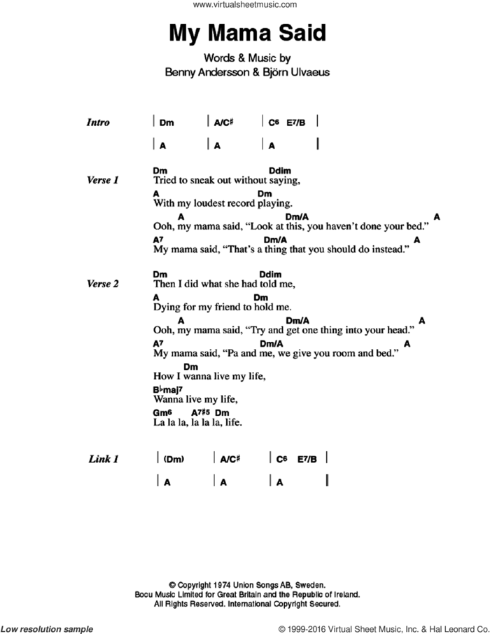 My Mama Said sheet music for guitar (chords) by ABBA, Benny Andersson and Bjorn Ulvaeus, intermediate skill level