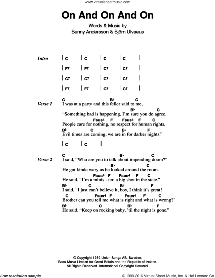 On And On And On sheet music for guitar (chords) by ABBA, Benny Andersson and Bjorn Ulvaeus, intermediate skill level