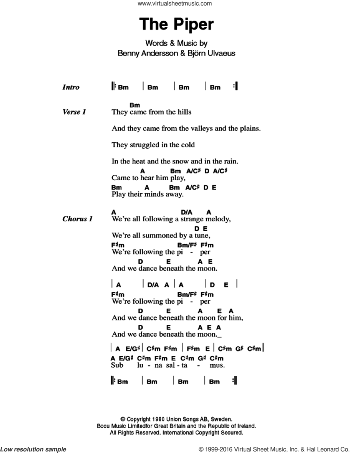 The Piper sheet music for guitar (chords) by ABBA, Benny Andersson and Bjorn Ulvaeus, intermediate skill level