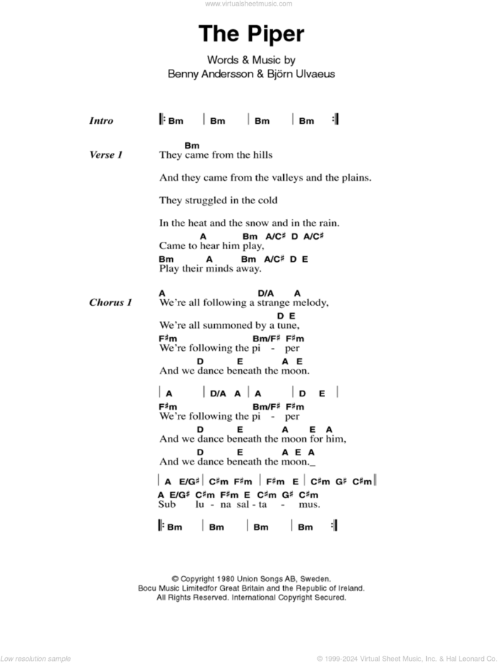 The Piper sheet music for guitar (chords) by ABBA, Benny Andersson and Bjorn Ulvaeus, intermediate skill level