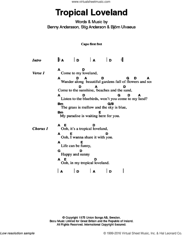 Tropical Loveland sheet music for guitar (chords) by ABBA, Benny Andersson, Bjorn Ulvaeus and Stig Anderson, intermediate skill level