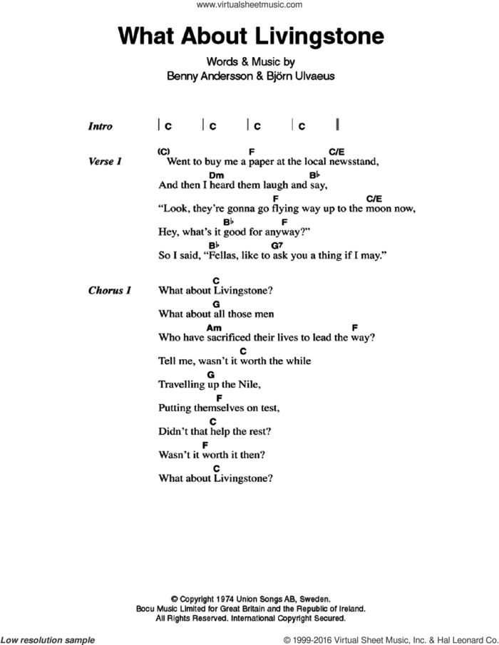 What About Livingstone sheet music for guitar (chords) by ABBA, Benny Andersson and Bjorn Ulvaeus, intermediate skill level