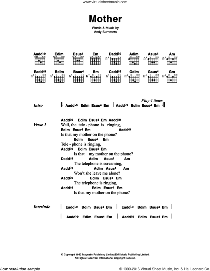 Mother sheet music for guitar (chords) by The Police and Andy Summers, intermediate skill level
