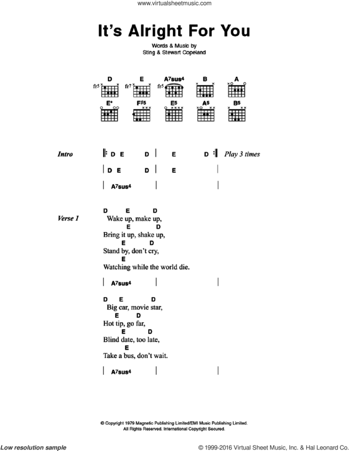It's Alright For You sheet music for guitar (chords) by The Police, Stewart Copeland and Sting, intermediate skill level