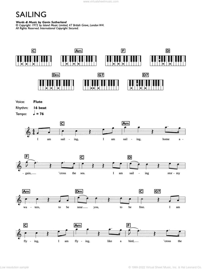 Sailing sheet music for piano solo (chords, lyrics, melody) by Rod Stewart and Gavin Sutherland, intermediate piano (chords, lyrics, melody)