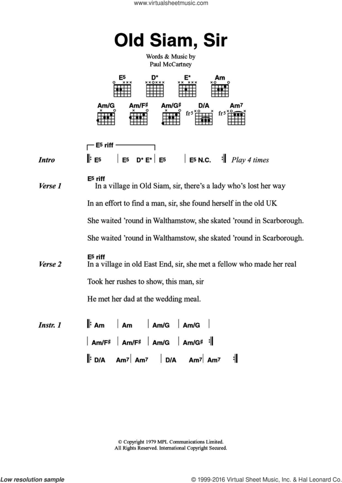 Old Siam, Sir sheet music for guitar (chords) by Wings and Paul McCartney, intermediate skill level