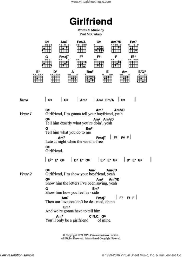 Girlfriend sheet music for guitar (chords) by Wings and Paul McCartney, intermediate skill level