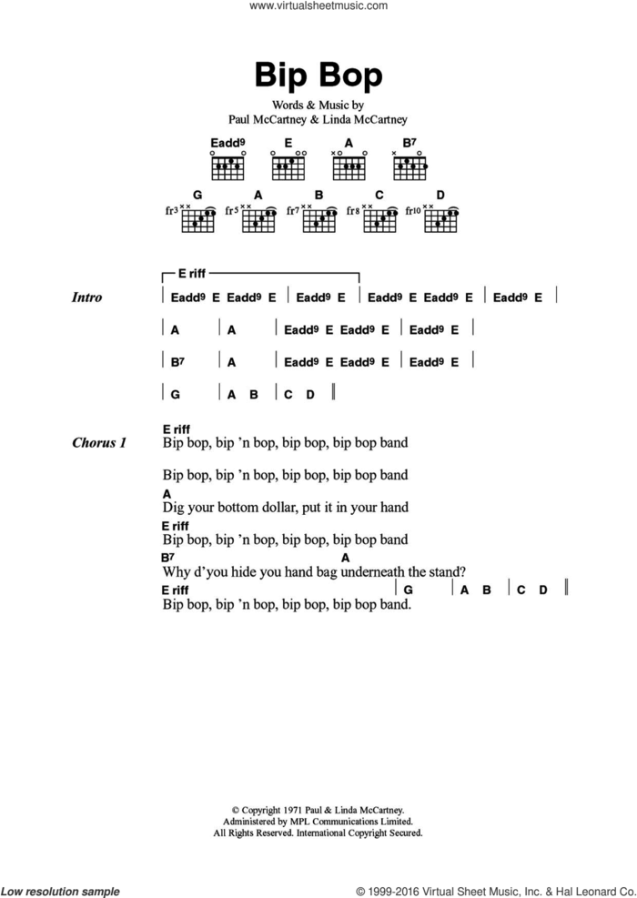 Bip Bop/Hey Diddle sheet music for guitar (chords) by Wings, Paul McCartney and Linda McCartney, intermediate skill level