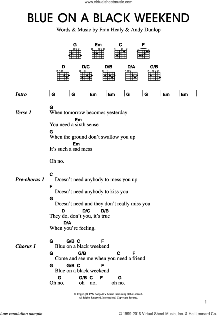 Blue On A Black Weekend sheet music for guitar (chords) by Merle Travis, Andrew Dunlop and Fran Healy, intermediate skill level