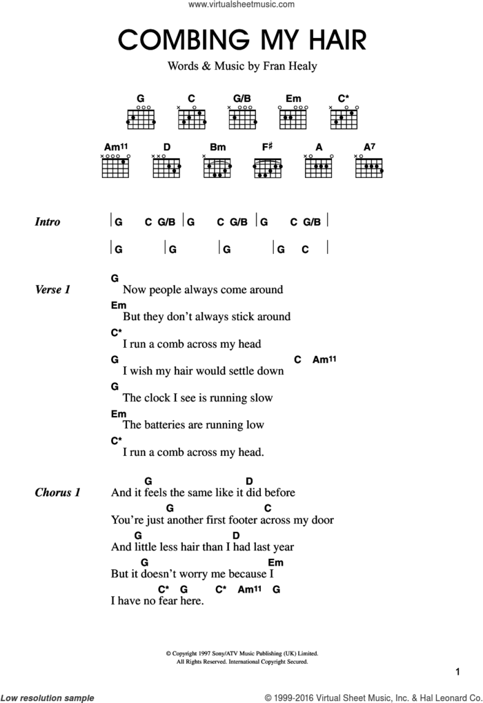 Combing My Hair sheet music for guitar (chords) by Merle Travis and Fran Healy, intermediate skill level