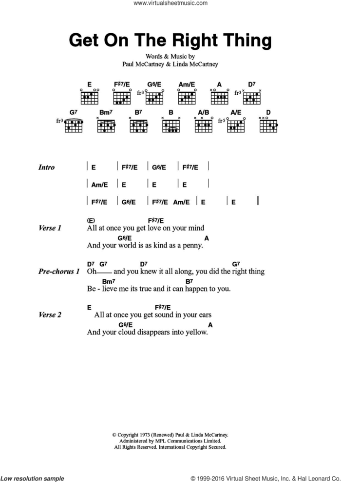 Get On The Right Thing sheet music for guitar (chords) by Wings, Paul McCartney and Linda McCartney, intermediate skill level