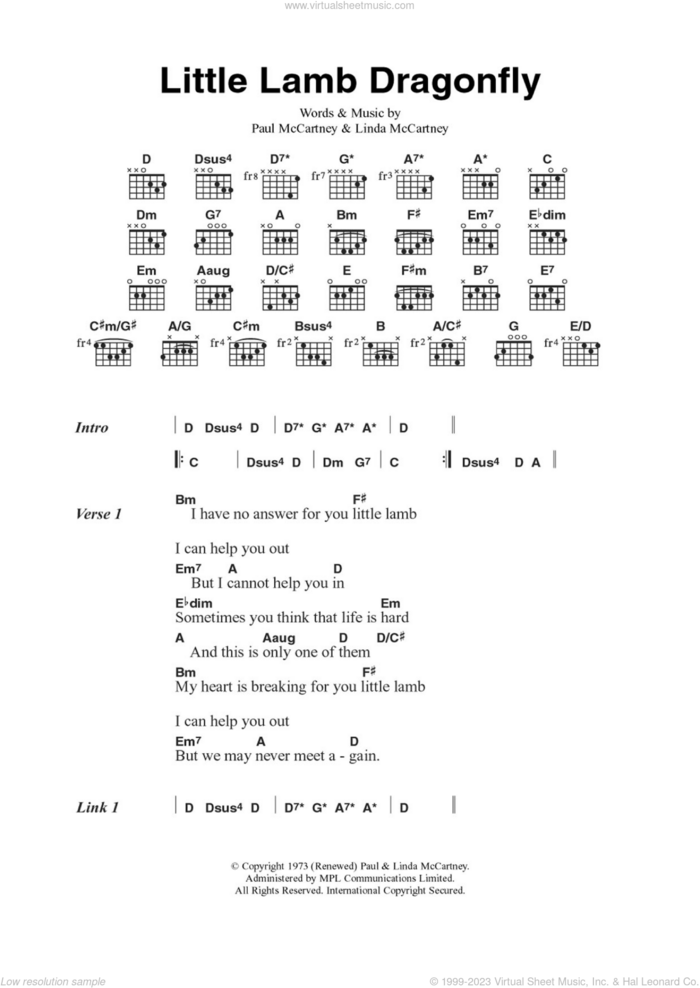 Little Lamb Dragonfly sheet music for guitar (chords) by Wings, Paul McCartney and Linda McCartney, intermediate skill level
