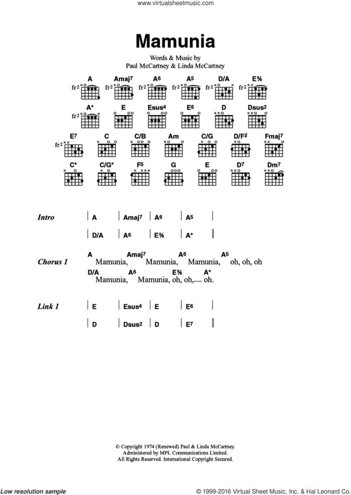Mamunia sheet music for guitar (chords) by Wings, Paul McCartney and Linda McCartney, intermediate skill level