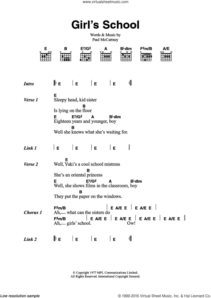 Girls' School sheet music for guitar (chords) by Wings and Paul McCartney, intermediate skill level