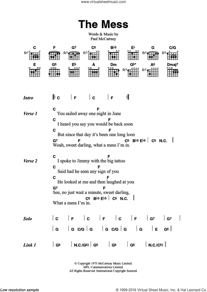 The Mess sheet music for guitar (chords) by Wings and Paul McCartney, intermediate skill level