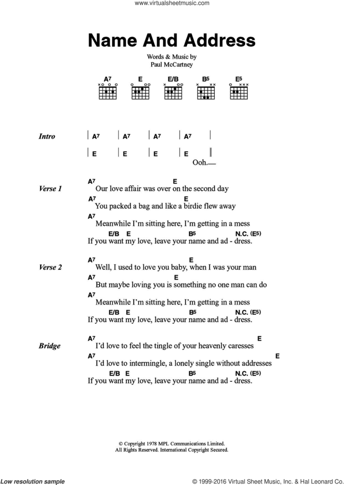 Name And Address sheet music for guitar (chords) by Wings and Paul McCartney, intermediate skill level