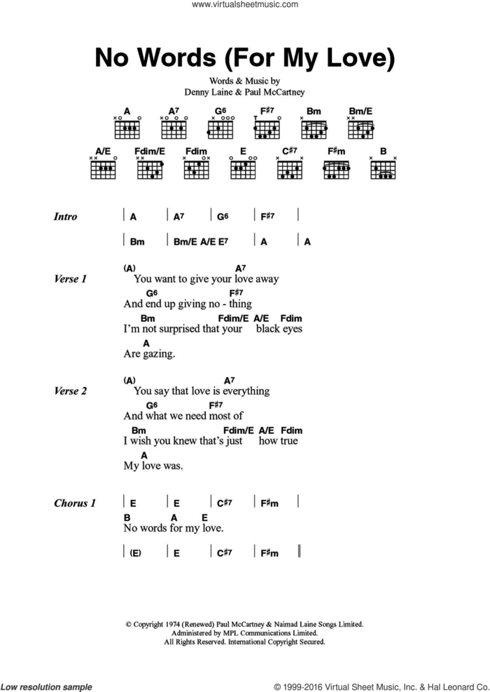 No Words (For My Love) sheet music for guitar (chords) by Wings, Denny Laine and Paul McCartney, intermediate skill level