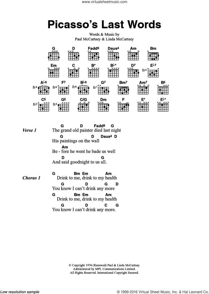 Picasso's Last Words sheet music for guitar (chords) by Wings, Linda McCartney and Paul McCartney, intermediate skill level