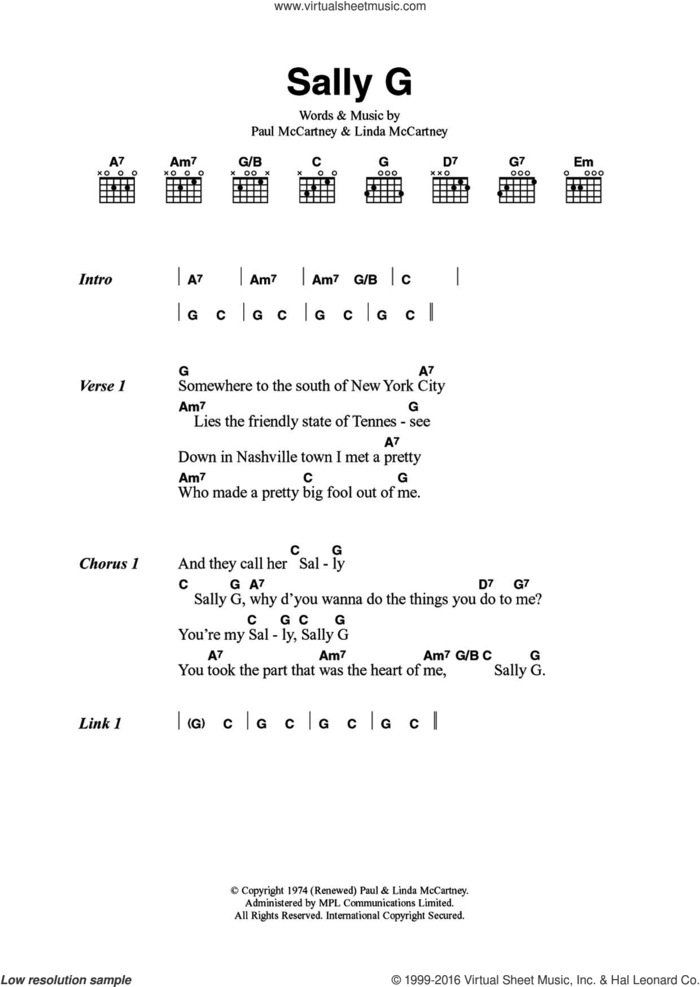 Sally G sheet music for guitar (chords) by Wings, Linda McCartney and Paul McCartney, intermediate skill level