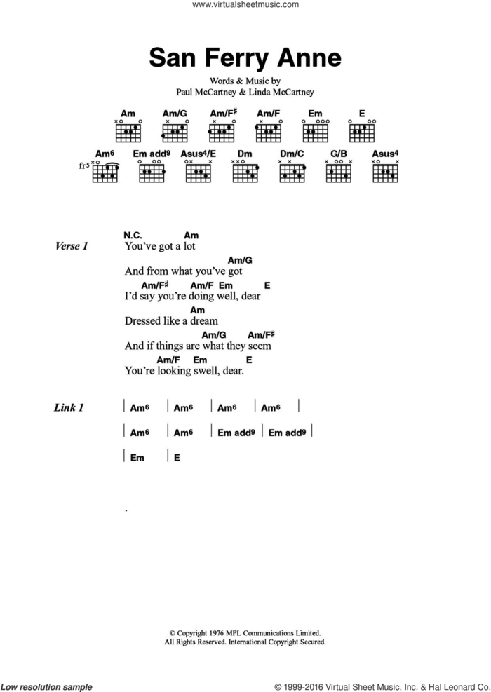 San Ferry Anne sheet music for guitar (chords) by Wings, Linda McCartney and Paul McCartney, intermediate skill level