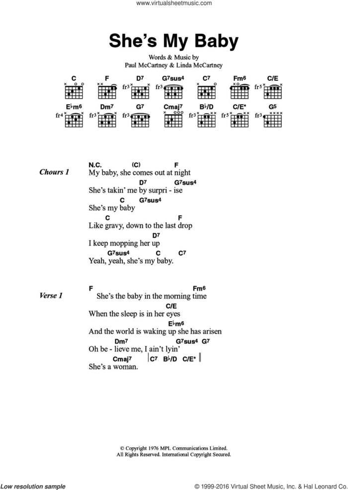 She's My Baby sheet music for guitar (chords) by Wings, Linda McCartney and Paul McCartney, intermediate skill level