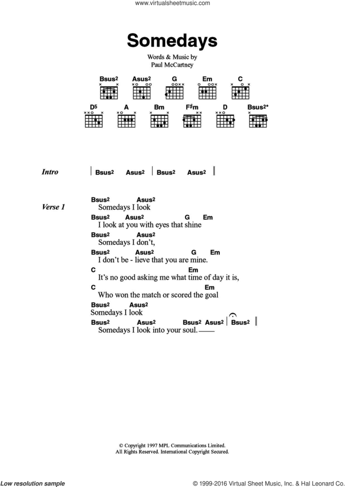 Somedays sheet music for guitar (chords) by Paul McCartney, intermediate skill level