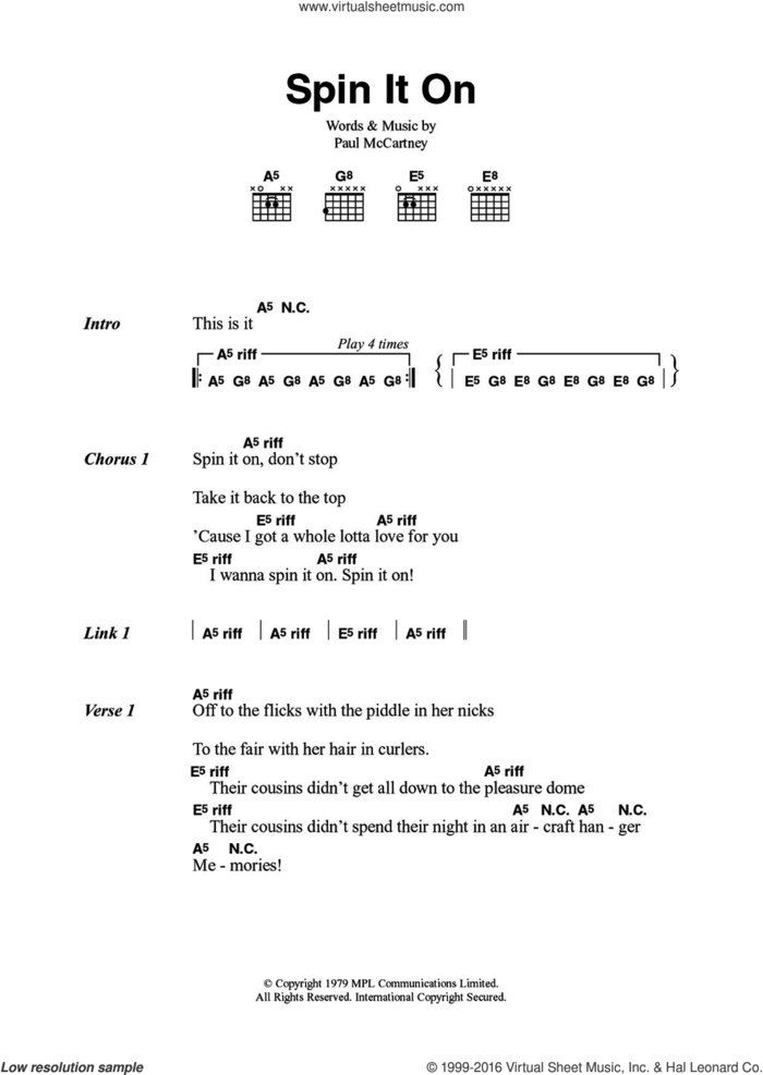 Spin It On sheet music for guitar (chords) by Wings and Paul McCartney, intermediate skill level