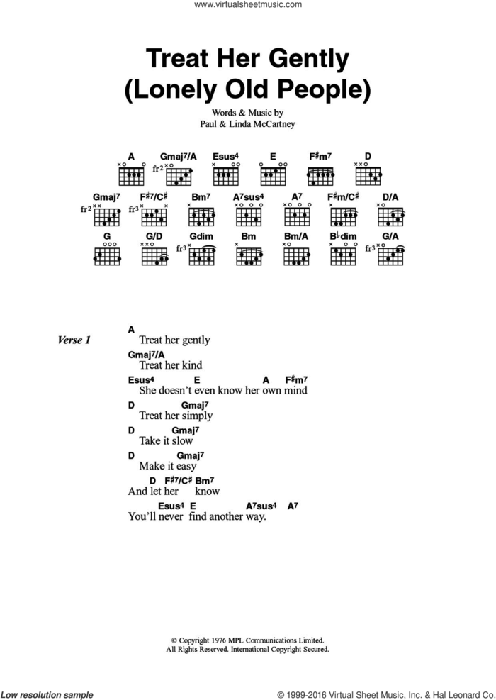 Treat Her Gently (Lonely Old People) sheet music for guitar (chords) by Wings and Paul McCartney, intermediate skill level