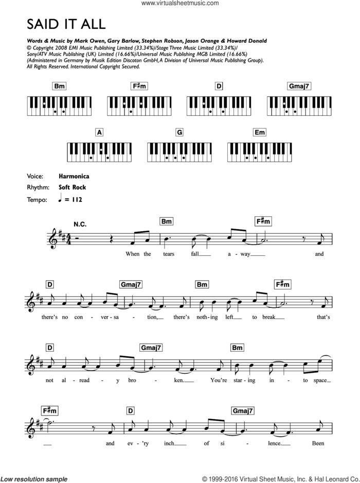 Said It All sheet music for piano solo (chords, lyrics, melody) by Take That, Gary Barlow, Howard Donald, Jason Orange, Mark Owen and Steve Robson, intermediate piano (chords, lyrics, melody)
