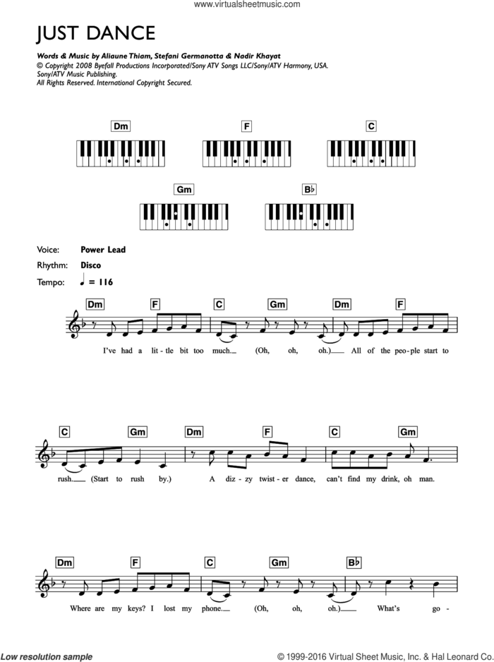Just Dance sheet music for piano solo (chords, lyrics, melody) by Lady Gaga, Aliaune Thiam and Nadir Khayat, intermediate piano (chords, lyrics, melody)