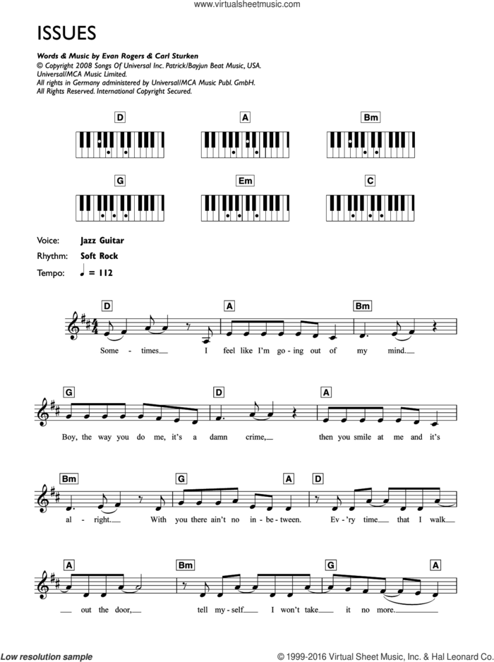 Issues sheet music for piano solo (chords, lyrics, melody) by The Saturdays, Carl Sturken and Evan Rogers, intermediate piano (chords, lyrics, melody)
