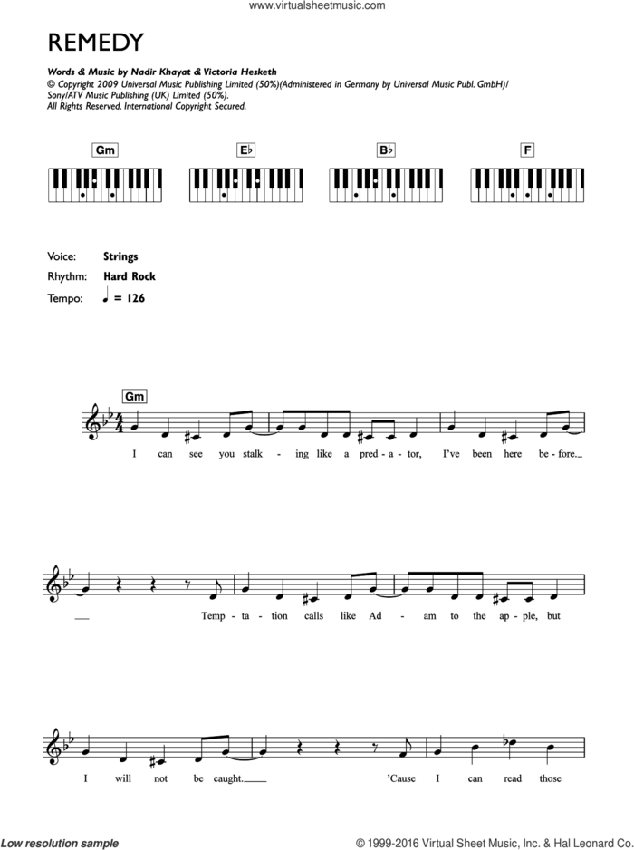 Remedy sheet music for piano solo (chords, lyrics, melody) by Little Boots, Nadir Khayat and Victoria Hesketh, intermediate piano (chords, lyrics, melody)