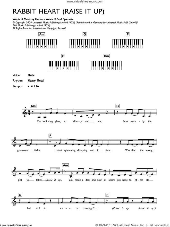 Rabbit Heart (Raise It Up) sheet music for piano solo (chords, lyrics, melody) by Florence And The Machine, Florence Welch and Paul Epworth, intermediate piano (chords, lyrics, melody)