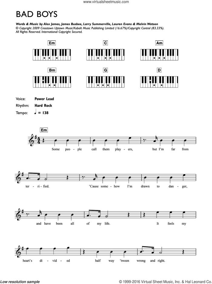 Bad Boys sheet music for piano solo (chords, lyrics, melody) by Alexandra Burke, Alex James, James Busbee, Larry Summerville, Lauren Evans and Melvin Watson, intermediate piano (chords, lyrics, melody)