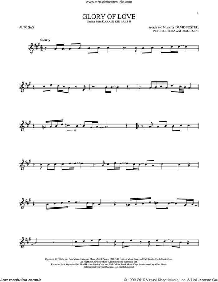 Glory Of Love sheet music for alto saxophone solo by Peter Cetera, David Foster and Diane Nini, intermediate skill level